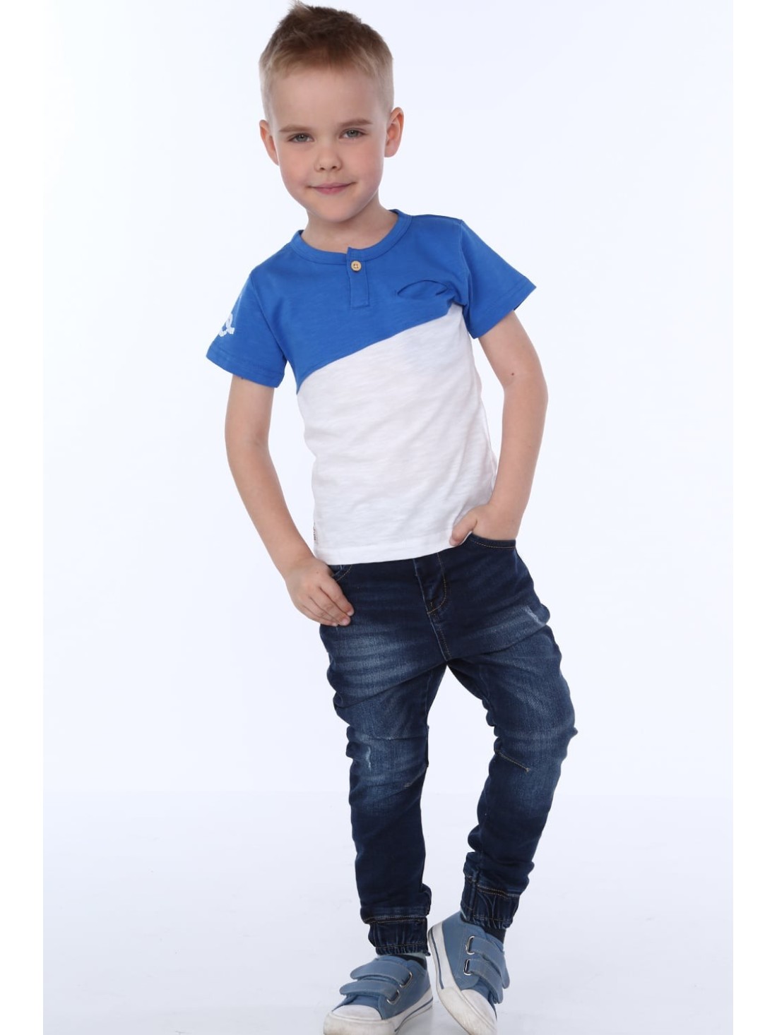 Boy\'s T-shirt with a button, cornflower blue and white NDZ4487 - Online store - Boutique